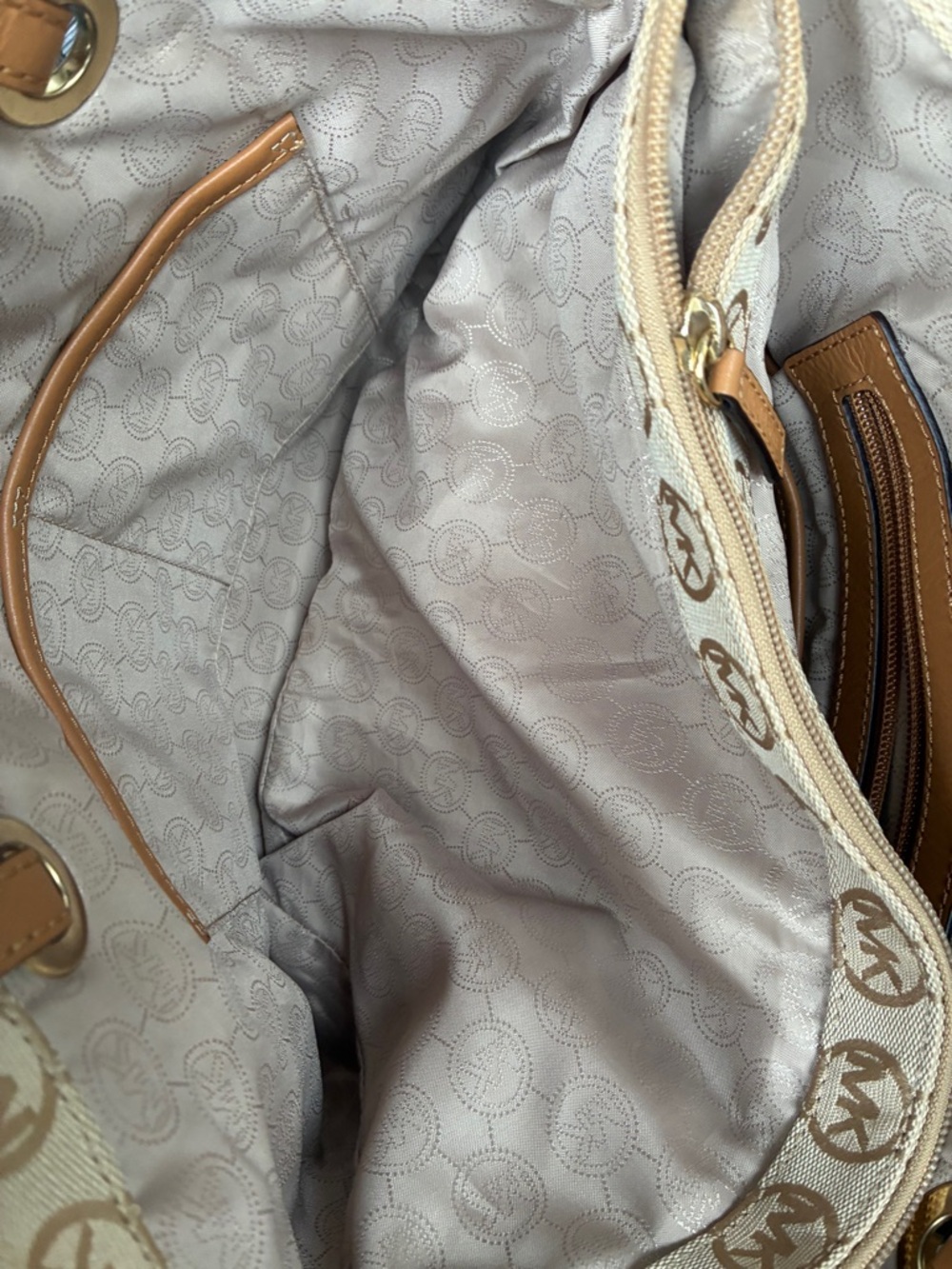 Michael Kors Tan Beige MK Logo Canvas Tote with Leather Straps - Picture 6 of 16